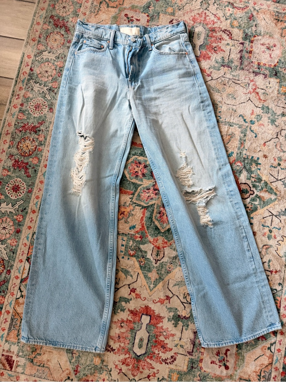 MOTHER Light Blue Distressed Wide-Leg Jeans The Spinner Zip Sneak - Picture 2 of 6